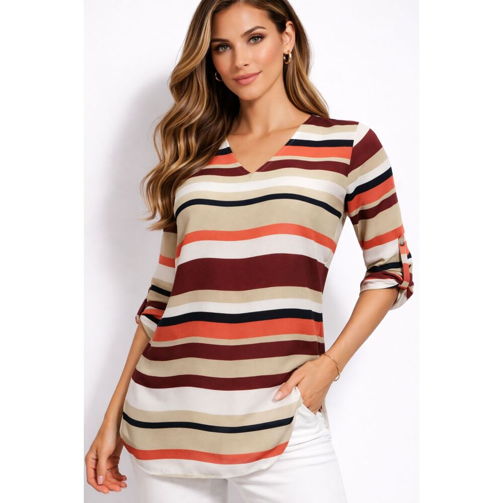 ANN TAYLOR MULTICOLOR STRIPED ROLLED UP SLEEVES LONGLINE TUNIC TOP SIZE: XS NWT